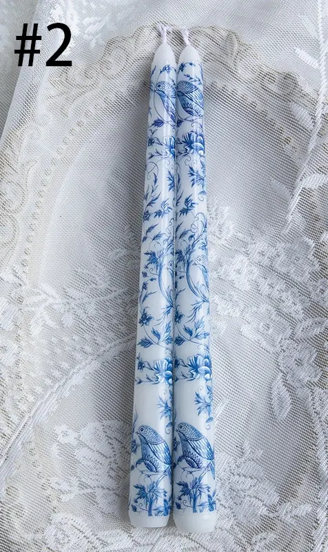 Blue and White Porcelain Smokeless 25cm Taper Candle - Design #2 2pcs