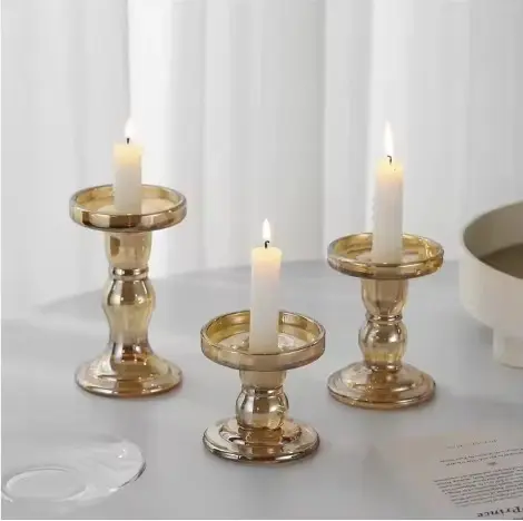 Vintage Glass Roman Column Shape Amber Retro Candle Holders - Medium