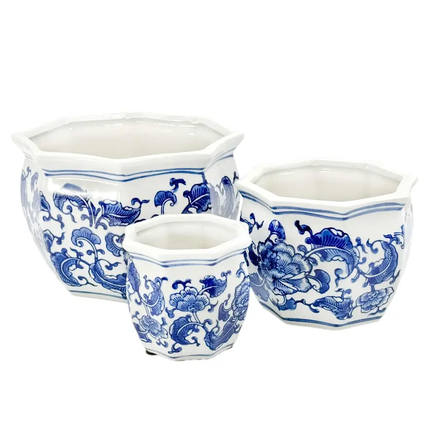Ceramic Chinoiserie Planter Pot - Blue 8" Round Hexagon Pot with Fluted Edge