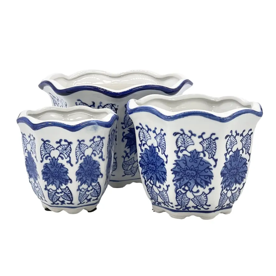 Ceramic Chinoiserie Planter Pot - Blue 8" Round Hexagon Pot with Scalloped Edge