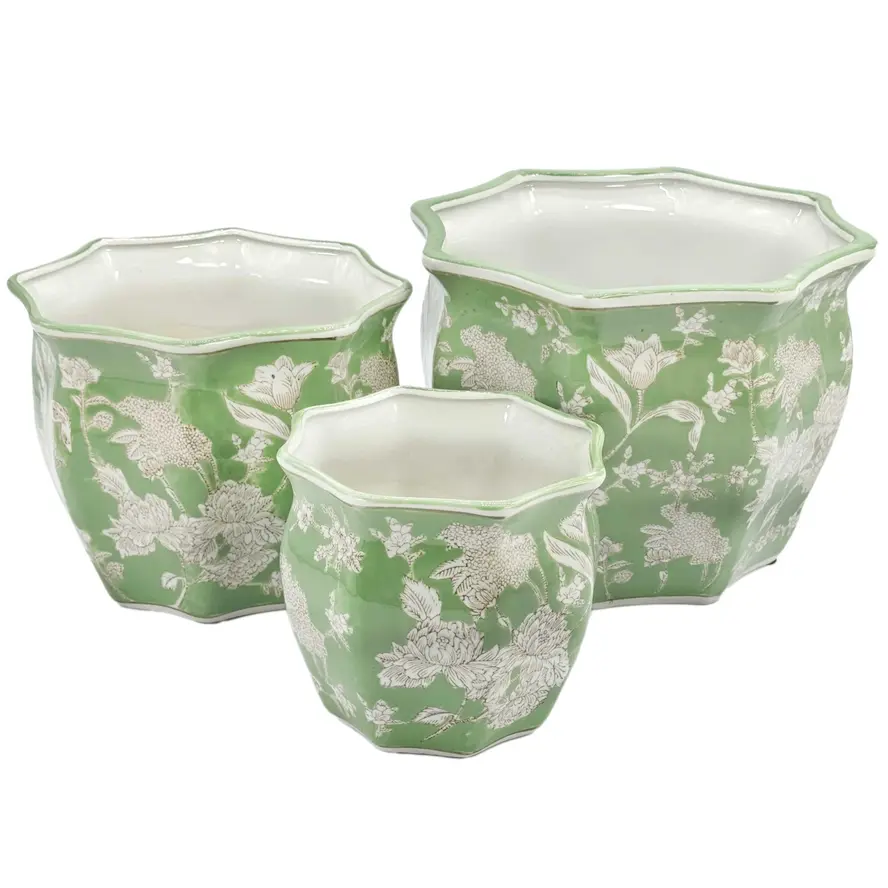Ceramic Chinoiserie Planter Pot - Green 13" Round Hexagon Pot with Fluted Edge