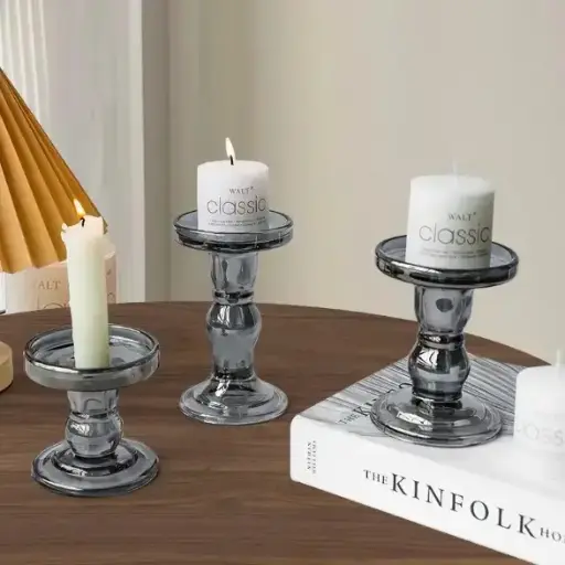 [BGD-WXJJ001-G3-S] Vintage Glass Roman Column Shape Grey Retro Candle Holders - Small
