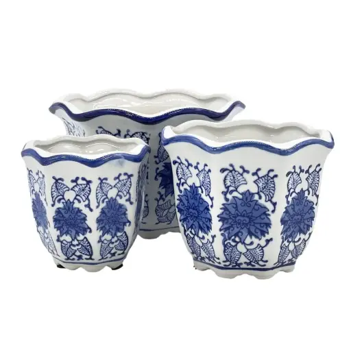 [BFV-CZ68056AM-M] Ceramic Chinoiserie Planter Pot - Blue 6" Round Hexagon Pot with Scalloped Edge