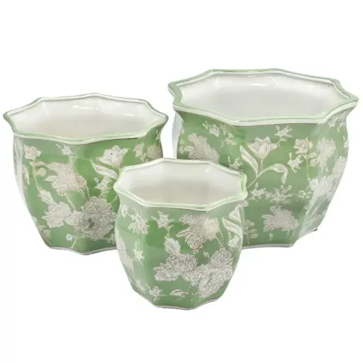 [BFV-CZ68125AM-M] Ceramic Chinoiserie Planter Pot - Green 10" Round Hexagon Pot with Fluted Edge